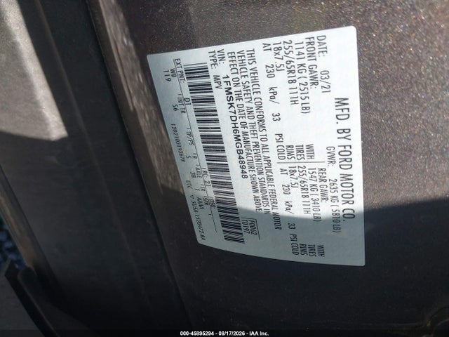 45895294 :رقم المزاد ، 1FMSK7DH6MGB48948 vin ، 2021 Ford Explorer Xlt مزاد بيع