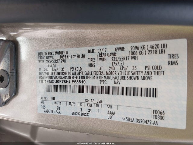 Продажа на аукционе авто 2017 Ford Escape S, vin: 1FMCU0F78HUE68810, номер лота: 45895300