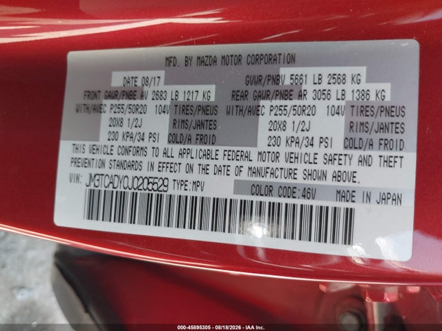 Продажа на аукционе авто 2018 Mazda Cx-9 Grand Touring, vin: JM3TCADY0J0205529, номер лота: 45895305