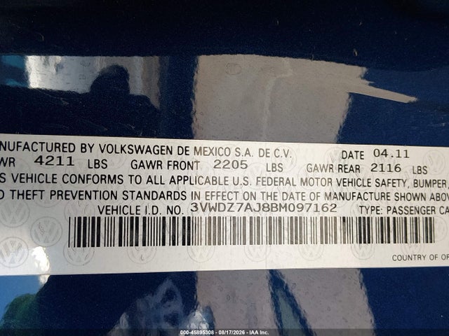 2011 Volkswagen Jetta 2.5l Se მანქანა იყიდება აუქციონზე, vin: 3VWDZ7AJ8BM097162, აუქციონის ნომერი: 45895308