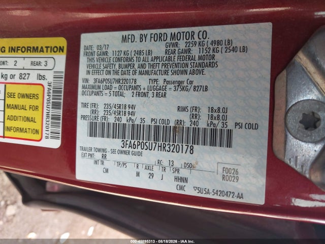 45895313 :رقم المزاد ، 3FA6P0SU7HR320178 vin ، 2017 Ford Fusion Energi Titanium مزاد بيع