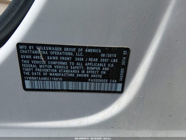2014 Volkswagen Passat 2.0l Tdi Se მანქანა იყიდება აუქციონზე, vin: 1VWBN7A39EC115310, აუქციონის ნომერი: 45895312