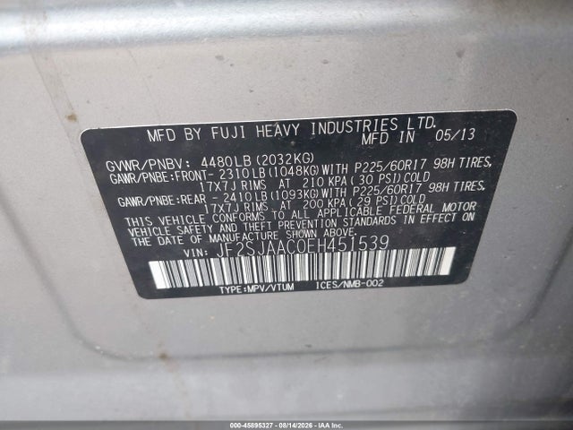Продаж на аукціоні авто 2014 Subaru Forester 2.5i, vin: JF2SJAAC0EH451539, номер лоту: 45895327