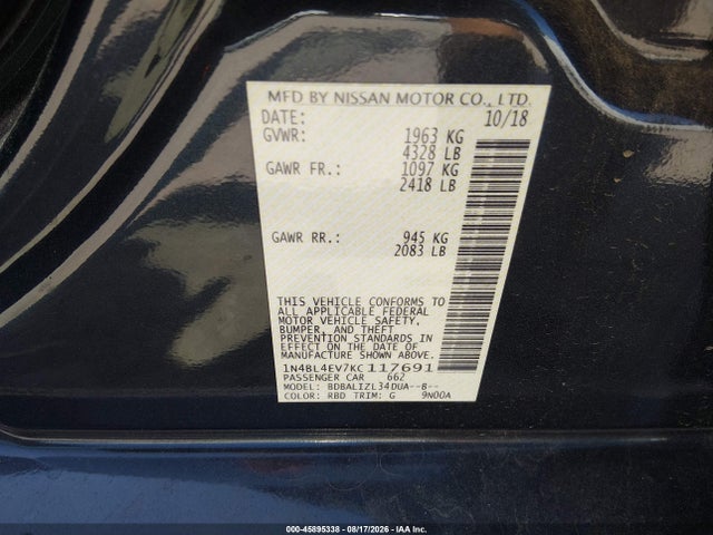 2019 Nissan Altima 2.5 Sl მანქანა იყიდება აუქციონზე, vin: 1N4BL4EV7KC117691, აუქციონის ნომერი: 45895338