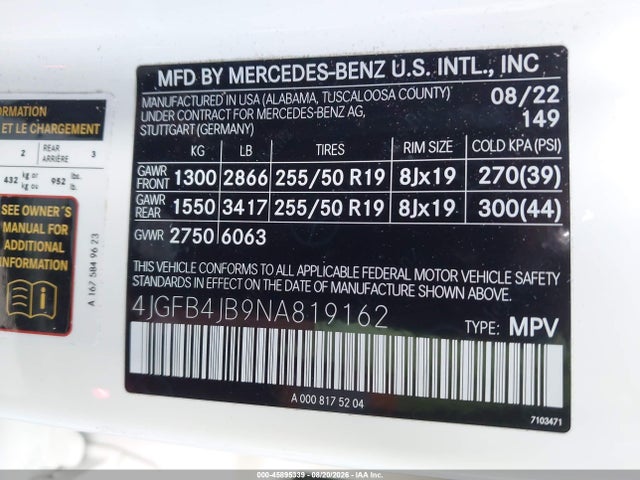 4JGFB4JB9NA819162 Mercedes-Benz GLE 350