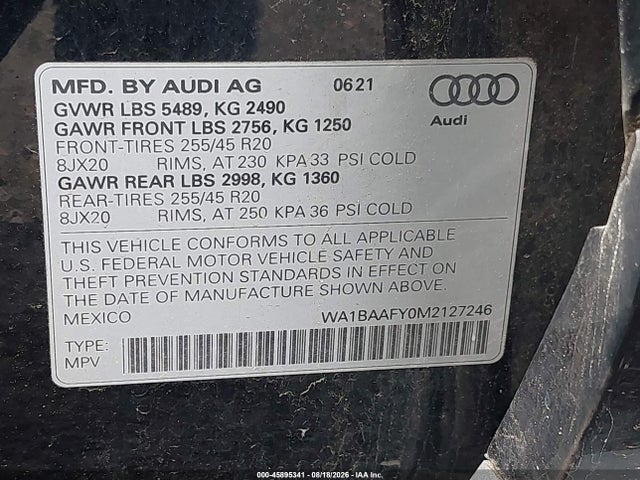 Aukcja sprzedaży 2021 Audi Q5 Premium Plus 45 Tfsi Quattro S Tronic, vin: WA1BAAFY0M2127246, numer aukcji: 45895341