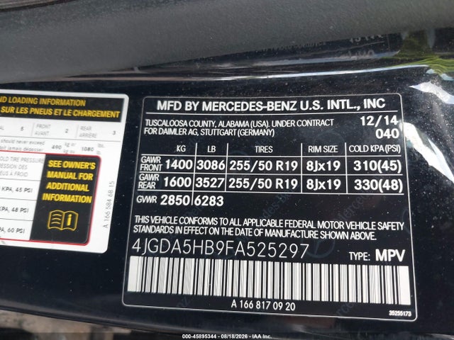 Продаж на аукціоні авто 2015 Mercedes-benz Ml 350 4matic, vin: 4JGDA5HB9FA525297, номер лоту: 45895344