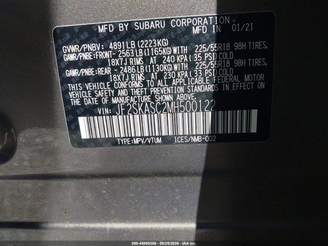 2021 Subaru Forester Limited მანქანა იყიდება აუქციონზე, vin: JF2SKASC2MH500122, აუქციონის ნომერი: 45895356