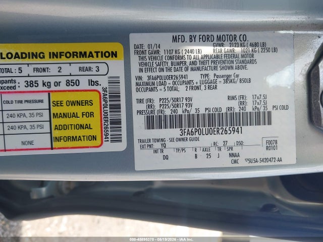 Продаж на аукціоні авто 2014 Ford Fusion Hybrid Se, vin: 3FA6P0LU0ER265941, номер лоту: 45895370