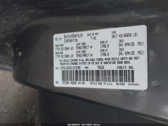 Aukcja sprzedaży 2003 Dodge Ram 1500 Slt/laramie/st, vin: 1D7HU18ZX3J515799, numer aukcji: 45895374