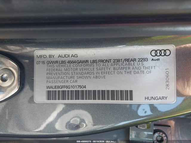 45895378 :رقم المزاد ، WAUE8GFF6G1017504 vin ، 2016 Audi A3 2.0t Premium مزاد بيع