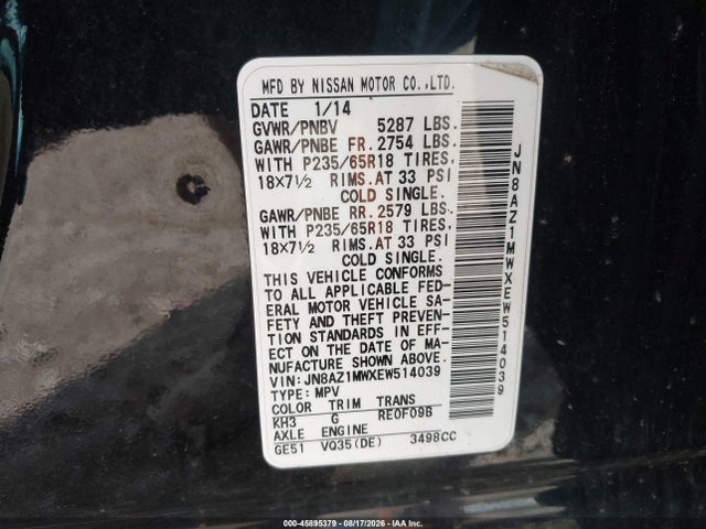 45895379 :رقم المزاد ، JN8AZ1MWXEW514039 vin ، 2014 Nissan Murano Le/s/sl/sv مزاد بيع