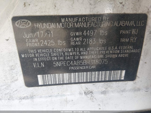 45895386 :رقم المزاد ، 5NPEC4AB5BH318075 vin ، 2011 Hyundai Sonata Se 2.0t مزاد بيع