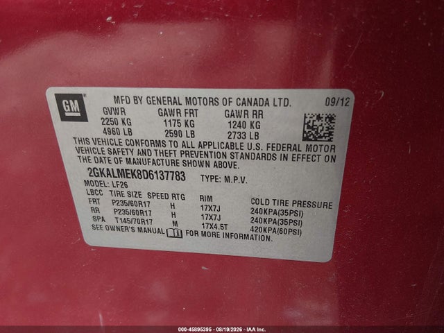 Aukcja sprzedaży 2013 Gmc Terrain Sle-1, vin: 2GKALMEK8D6137783, numer aukcji: 45895395