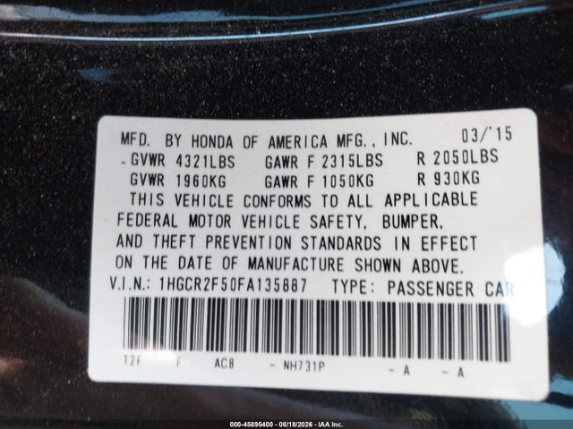 2015 Honda Accord Sport მანქანა იყიდება აუქციონზე, vin: 1HGCR2F50FA135887, აუქციონის ნომერი: 45895400