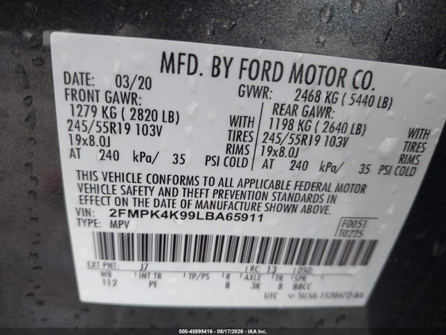 2FMPK4K99LBA65911 Ford Edge Titanium
