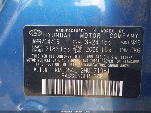 Продажа на аукционе авто 2017 Hyundai Elantra Se, vin: KMHD84LF2HU171981, номер лота: 45895424
