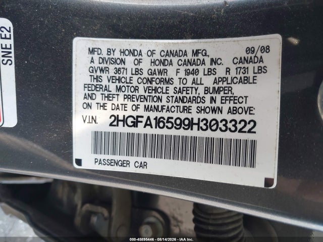 Aukcja sprzedaży 2009 Honda Civic Lx, vin: 2HGFA16599H303322, numer aukcji: 45895446