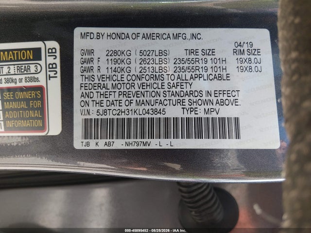 Aukcja sprzedaży 2019 Acura Rdx Standard, vin: 5J8TC2H31KL043845, numer aukcji: 45895452