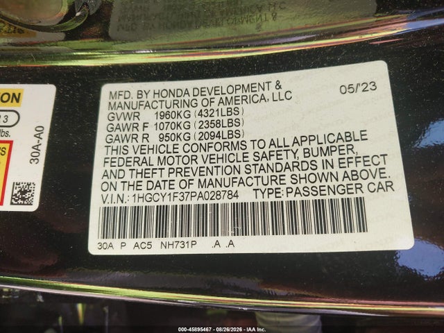 Продажа на аукционе авто 2023 Honda Accord Ex, vin: 1HGCY1F37PA028784, номер лота: 45895467