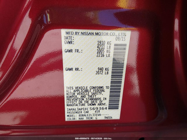 45895470 :رقم المزاد ، 1N4AL3AP1FC569364 vin ، 2015 Nissan Altima 2.5 S مزاد بيع