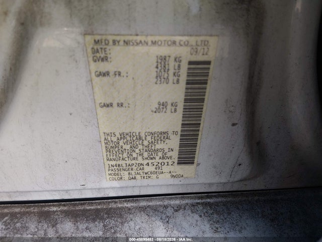 2013 Nissan Altima 3.5 Sv მანქანა იყიდება აუქციონზე, vin: 1N4BL3AP2DN452012, აუქციონის ნომერი: 45895483