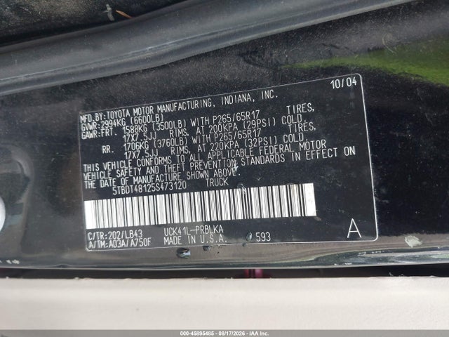 2005 Toyota Tundra Limited V8 მანქანა იყიდება აუქციონზე, vin: 5TBDT48125S473120, აუქციონის ნომერი: 45895485