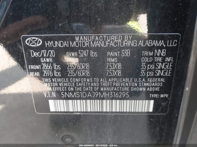Продаж на аукціоні авто 2021 Hyundai Santa Fe Se, vin: 5NMS1DAJ9MH316295, номер лоту: 45895487