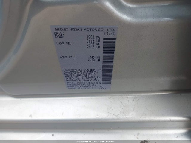 2024 Nissan Altima Sv Fwd მანქანა იყიდება აუქციონზე, vin: 1N4BL4DVXRN411490, აუქციონის ნომერი: 45895512