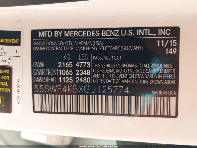 45895544 :رقم المزاد ، 55SWF4KBXGU125774 vin ، 2016 Mercedes-benz C 300 4matic مزاد بيع