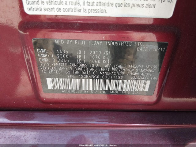 Продаж на аукціоні авто 2012 Subaru Legacy 2.5i Premium, vin: 4S3BMBG61C3011496, номер лоту: 45895557