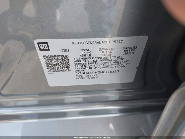 2022 Cadillac Ct4 Luxury მანქანა იყიდება აუქციონზე, vin: 1G6DJ5RK2N0115113, აუქციონის ნომერი: 45895577