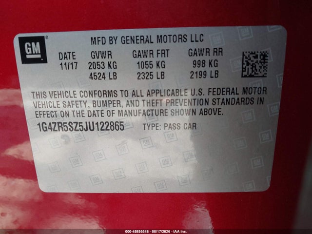 45895586 :رقم المزاد ، 1G4ZR5SZ5JU122865 vin ، 2018 Buick Lacrosse Premium مزاد بيع