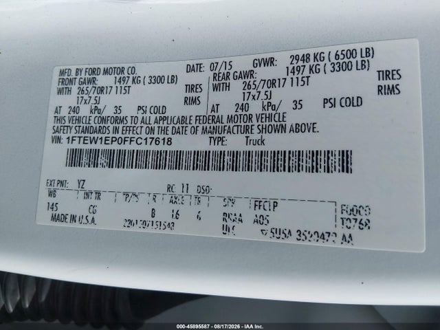 45895587 :رقم المزاد ، 1FTEW1EP0FFC17618 vin ، 2015 Ford F-150 Xl مزاد بيع
