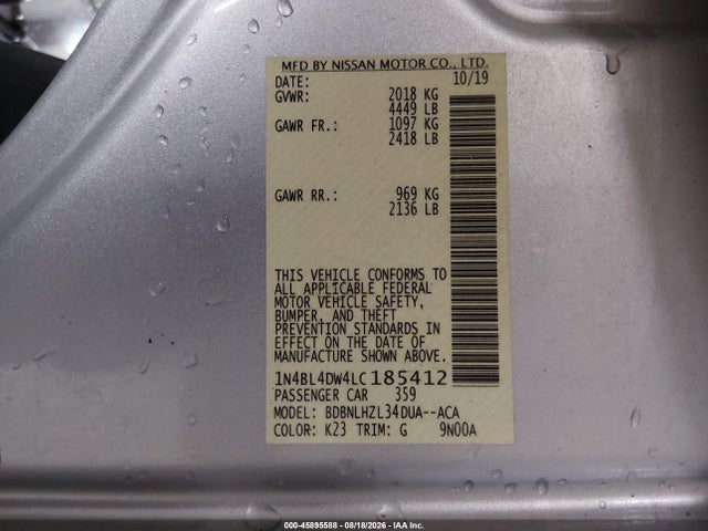 45895588 :رقم المزاد ، 1N4BL4DW4LC185412 vin ، 2020 Nissan Altima Sv Intelligent Awd مزاد بيع