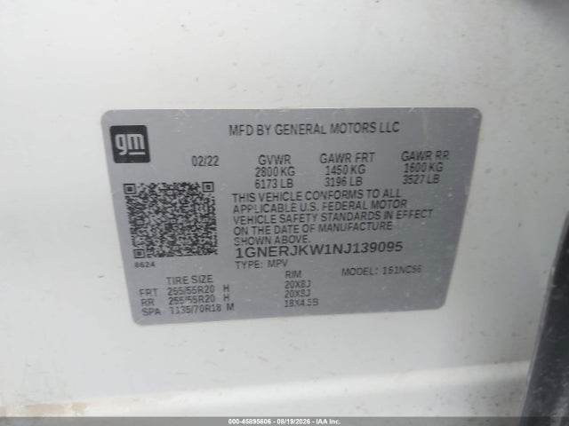 Aukcja sprzedaży 2022 Chevrolet Traverse Fwd Rs, vin: 1GNERJKW1NJ139095, numer aukcji: 45895606
