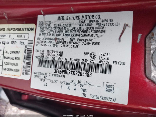 2013 Ford Fusion Se მანქანა იყიდება აუქციონზე, vin: 3FA6P0HRXDR205488, აუქციონის ნომერი: 45895624