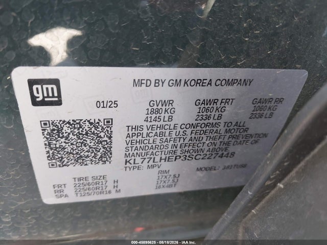 45895625 :رقم المزاد ، KL77LHEP3SC227448 vin ، 2025 Chevrolet Trax Fwd Lt مزاد بيع