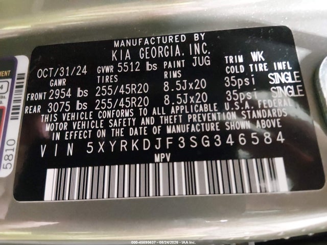 Aukcja sprzedaży 2025 Kia Sorento X-line Sx Prestige, vin: 5XYRKDJF3SG346584, numer aukcji: 45895637