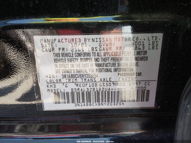 Продажа на аукционе авто 2022 Nissan Sentra Sv Xtronic Cvt, vin: 3N1AB8CV8NY203254, номер лота: 45895646