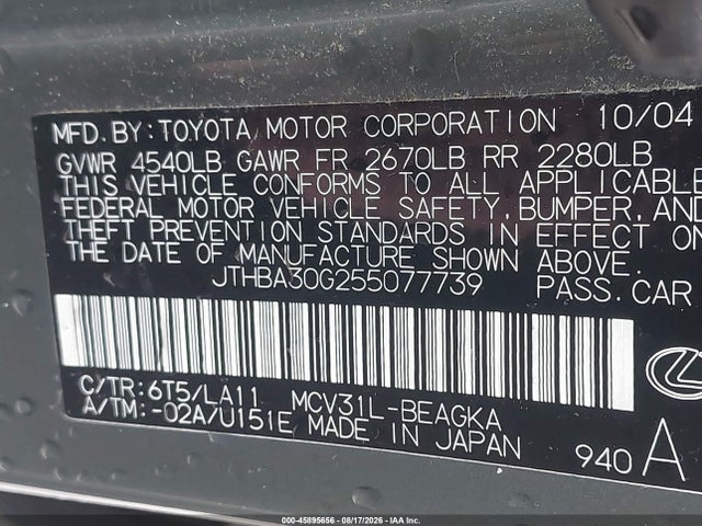 Продаж на аукціоні авто 2005 Lexus Es 330, vin: JTHBA30G255077739, номер лоту: 45895656