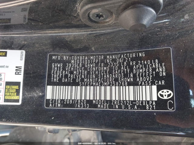 45895661 :رقم المزاد ، 5YFEPMAE3MP258768 vin ، 2021 Toyota Corolla Le مزاد بيع