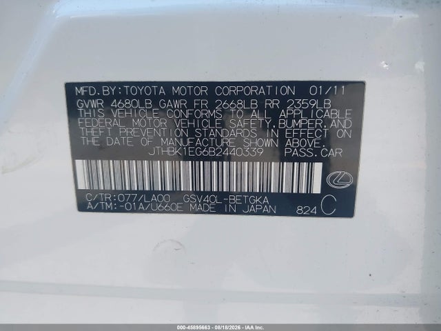 Продажа на аукционе авто 2011 Lexus Es 350, vin: JTHBK1EG6B2440339, номер лота: 45895663