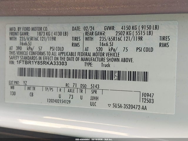 45895664 :رقم المزاد ، 1FTBR1Y85RKA33303 vin ، 2024 Ford Transit-250 مزاد بيع