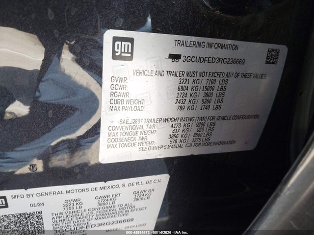 45895672 :رقم المزاد ، 3GCUDFED3RG236669 vin ، 2024 Chevrolet Silverado 1500 4wd  Short Bed Lt Trail Boss مزاد بيع