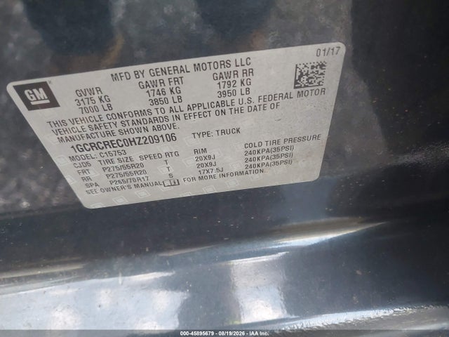 45895679 :رقم المزاد ، 1GCRCREC0HZ209106 vin ، 2017 Chevrolet Silverado 1500 Lt مزاد بيع