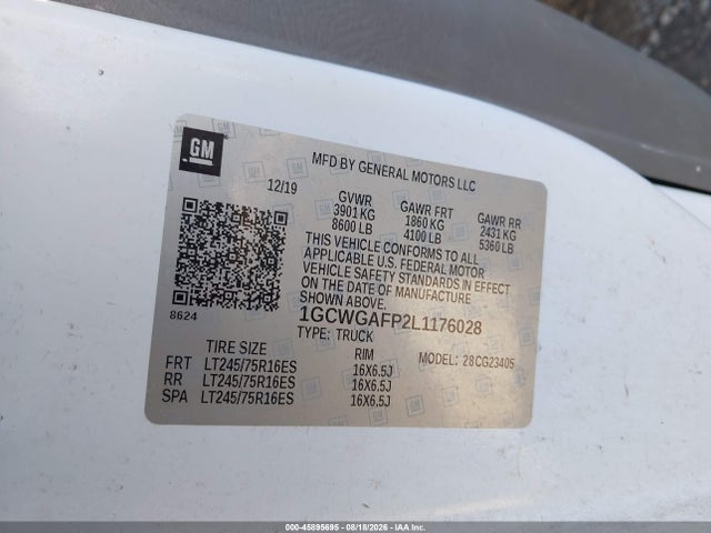 Chevrolet Express Cargo Rwd 2500 Regular Wheelbase Wt 2020 1GCWGAFP2L1176028 Image 9