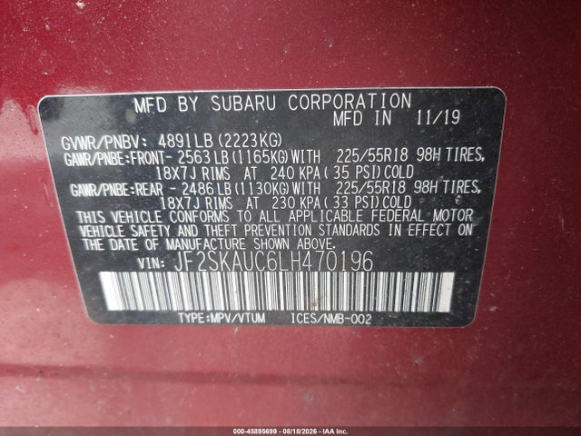 Aukcja sprzedaży 2020 Subaru Forester Limited, vin: JF2SKAUC6LH470196, numer aukcji: 45895699