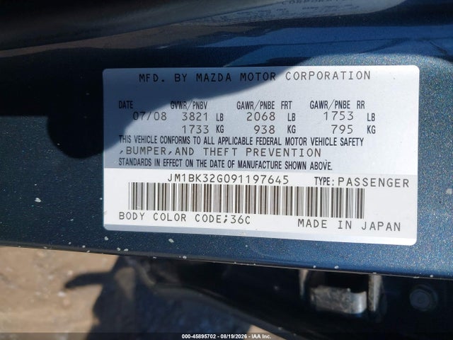 45895702 :رقم المزاد ، JM1BK32G091197645 vin ، 2009 Mazda 3 I مزاد بيع