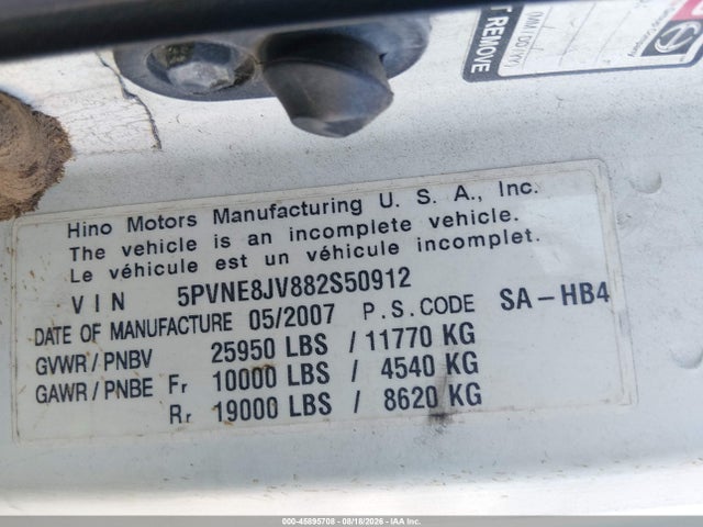 2008 Hino Hino 268 მანქანა იყიდება აუქციონზე, vin: 5PVNE8JV882S50912, აუქციონის ნომერი: 45895708
